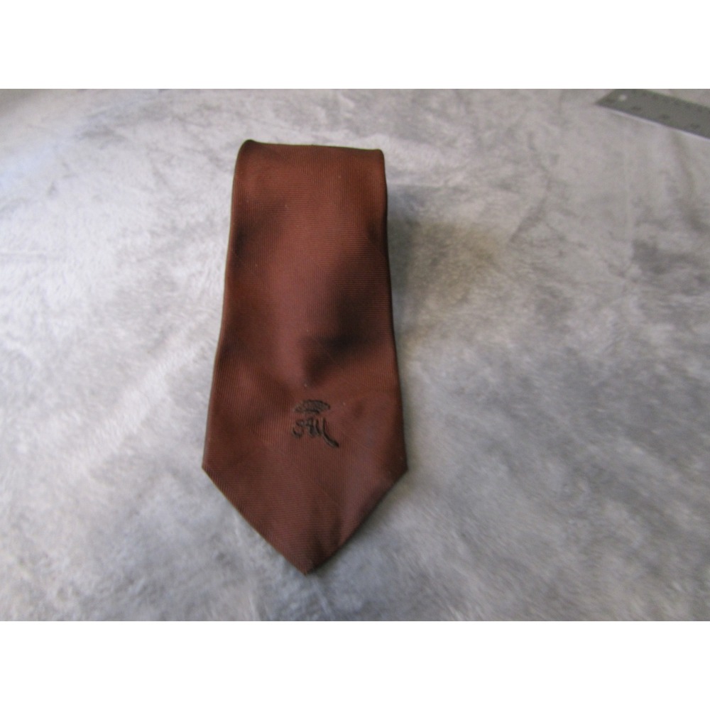 Mens Copper Brown Ribbed Necktie Embroidered Crown‎ Monogram Logo Classic Tie